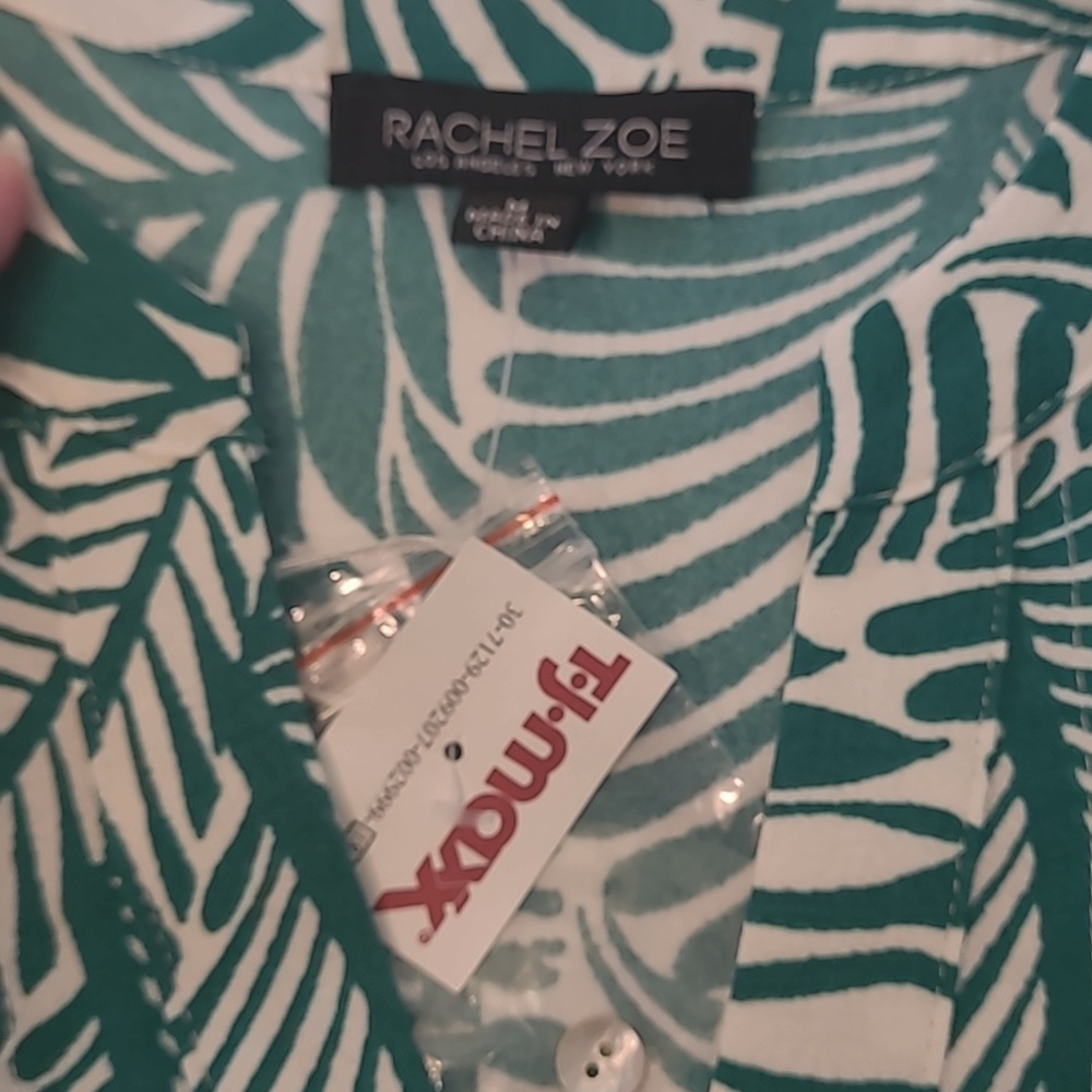 Rachel Zoe Sz M Green and White Leaf Print Long Sleeve Size Medium Button Front - Picture 4 of 11